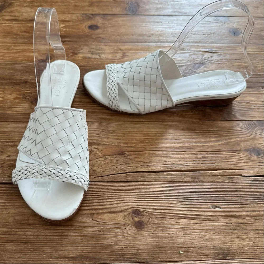 Sesto Meucci Slip on Mule Sandals White Woven Leather Italy Women's 8.5 EUC